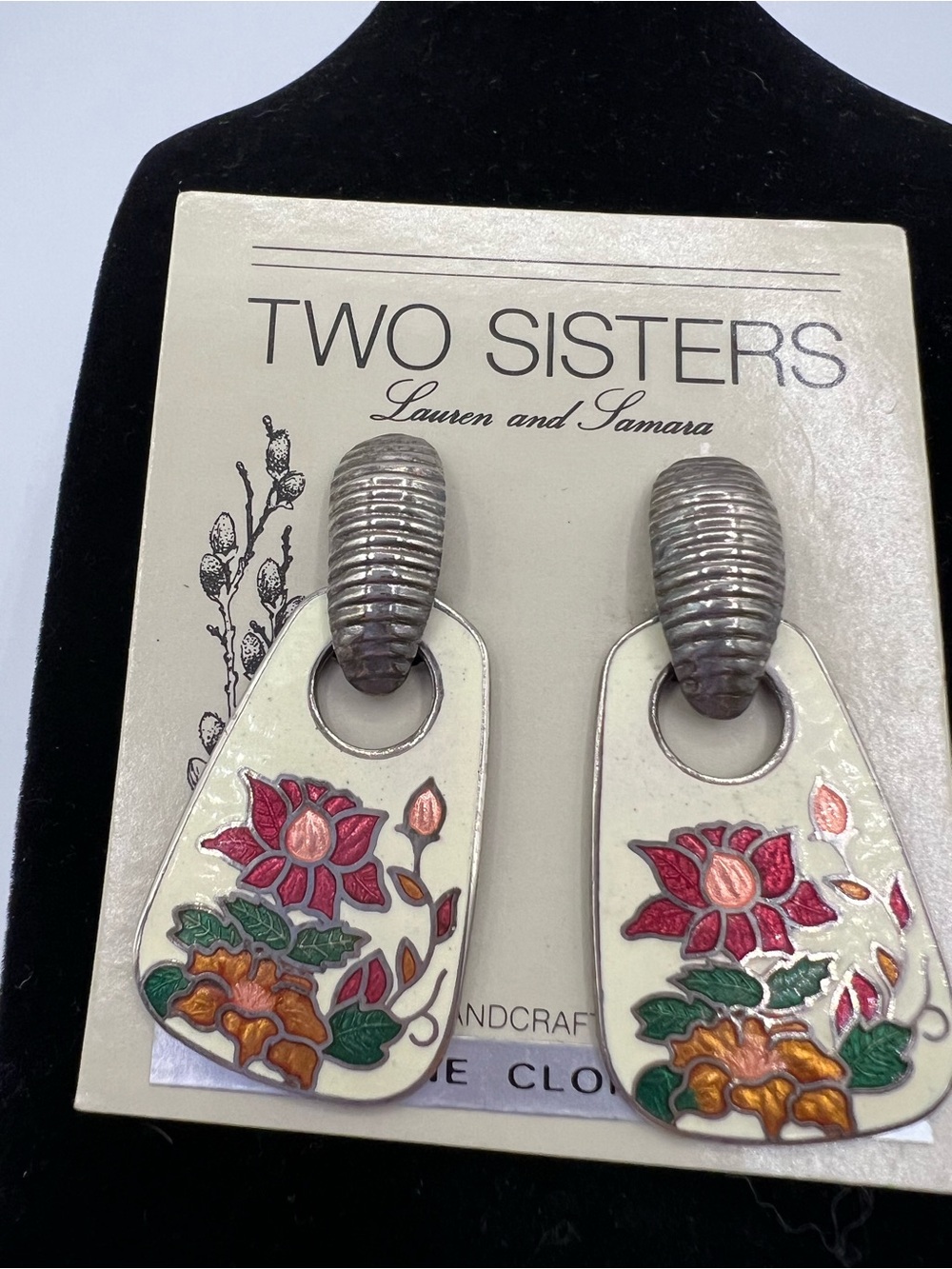 Two Sisters Floral Enamel Drop Earrings in Cream and Multicolor